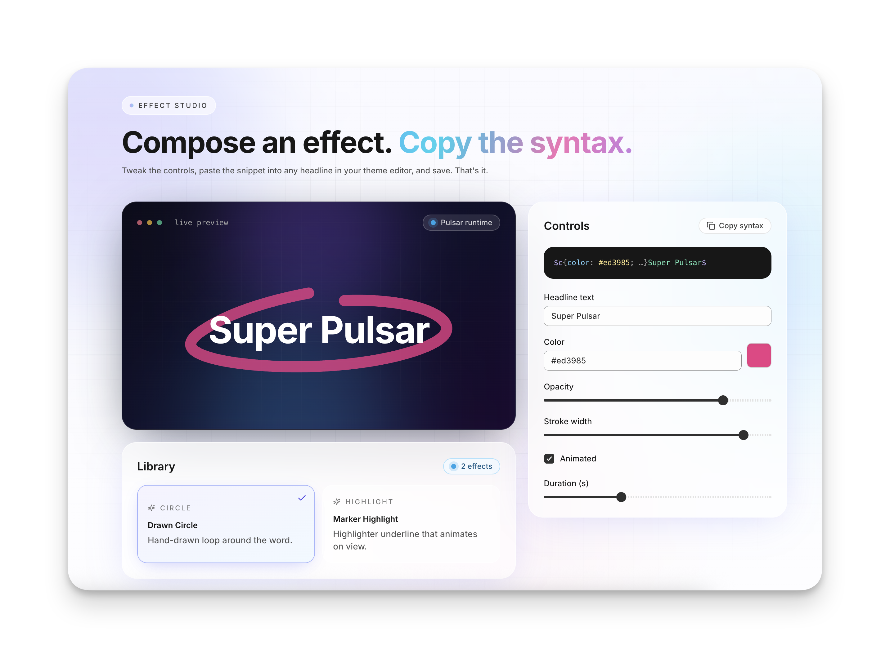 Pulsar Effect Library — build effects visually with sliders and color pickers.